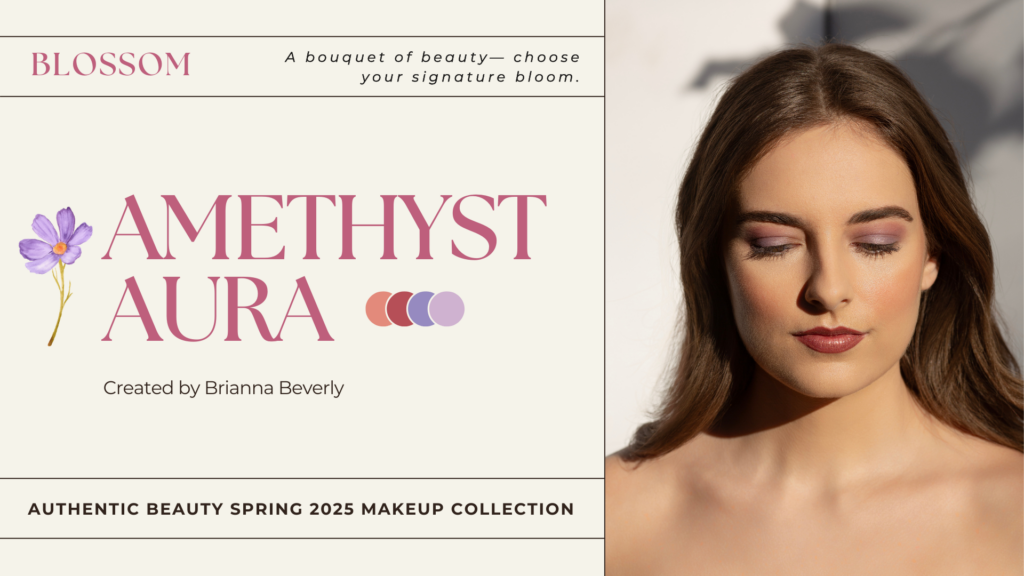 Amethyst Aura Spring 2025 Makeup Look by Authentic Beauty in Atlanta – Soft Lavender Eyes, Dewy Skin, and Rose-Kissed Lips