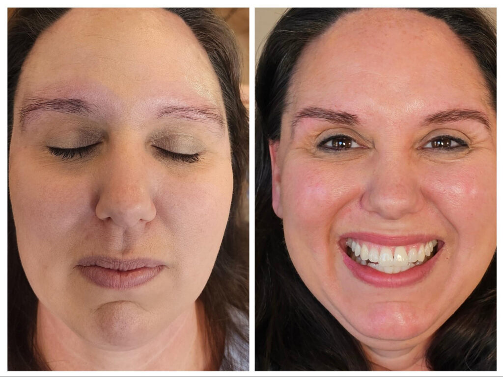 Before and after photo of an Authentic Beauty client in Atlanta. The left image shows sparse, uneven brows before treatment, and the right image shows full, beautifully restored brows after Alyson Hoag’s expert brow services, with the client smiling radiantly.