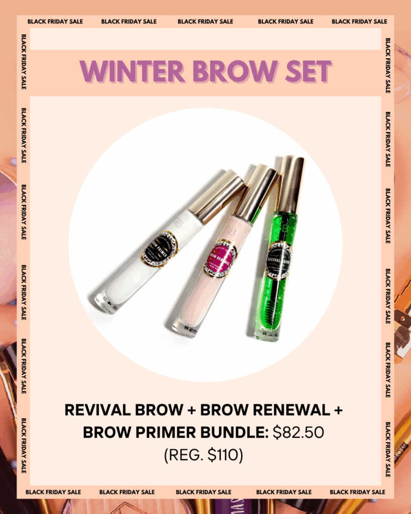 Promotional graphic for Authentic Beauty’s Black Friday Sale featuring Genuist Beauty’s Winter Brow Set with Revival Brow, Brow Renewal, and Brow Primer, featured on NBC’s The Today Show with Jenna and Hoda. Text reads: “Revival Brow + Brow Renewal + Brow Primer Bundle: $82.50 (Reg. $110).