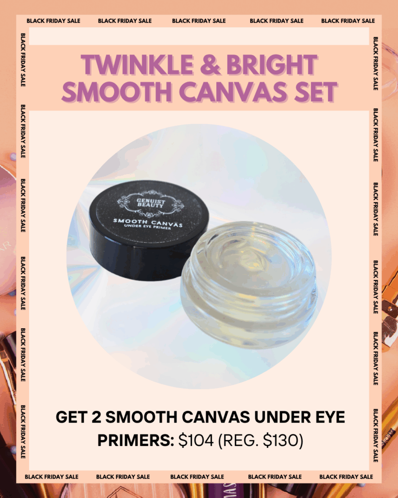 Promotional graphic for Authentic Beauty’s Black Friday Sale featuring Genuist Beauty’s Smooth Canvas Under Eye Primer. Text reads: “Twinkle & Bright Smooth Canvas Set – Get 2 Smooth Canvas Under Eye Primers: $104 (Reg. $130).