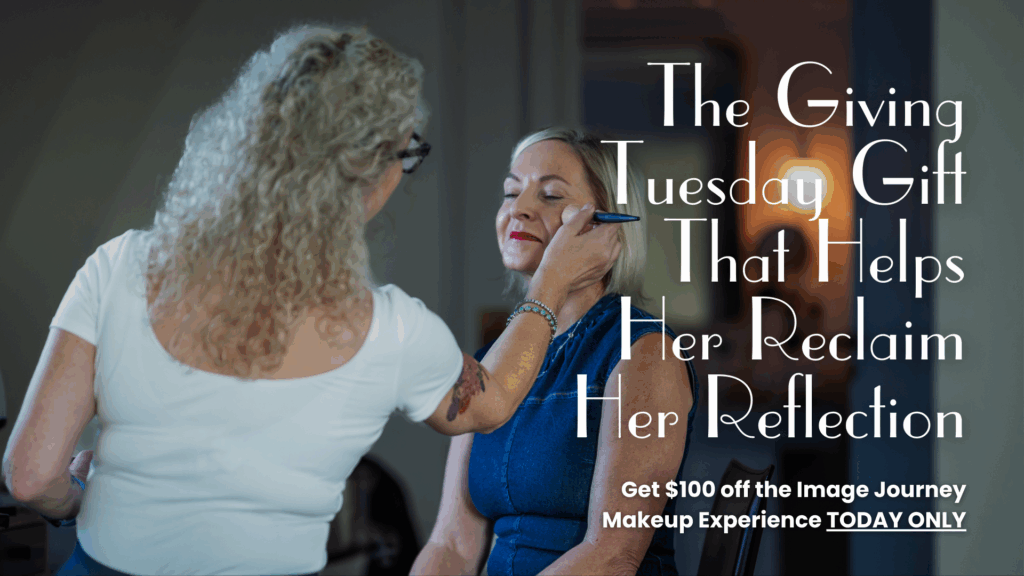 Graphic of Alyson Hoag guiding a client through the Image Journey Makeup Experience in Atlanta during a personalized makeup lesson.