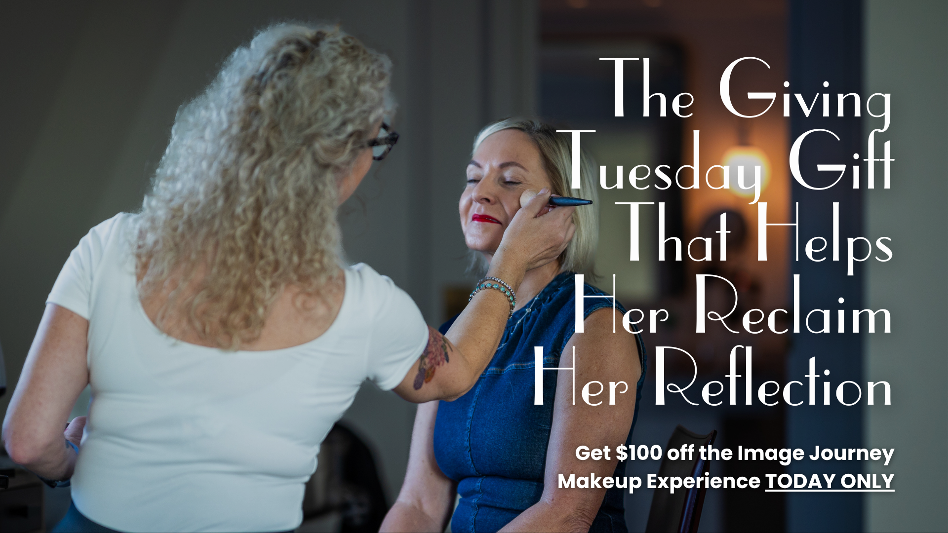 Graphic of Alyson Hoag guiding a client through the Image Journey Makeup Experience in Atlanta during a personalized makeup lesson.