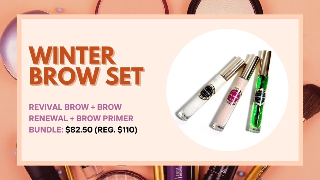 Graphic promoting Authentic Beauty’s Winter Brow Set Black Friday special and one of the best Black Friday Beauty Deals in Atlanta. Text reads “Winter Brow Set – Revival Brow + Brow Renewal + Brow Primer Bundle: $82.50 (Reg. $110).” Image shows the three brow products arranged side by side.