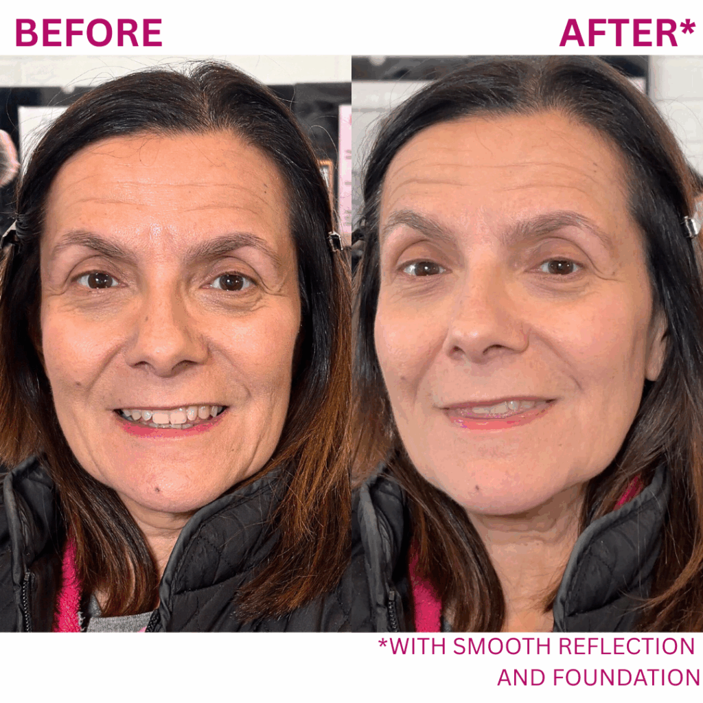 Before-and-after comparison showing a woman’s complexion before and after applying Smooth Reflection and foundation, illustrating smoother, more refined skin.