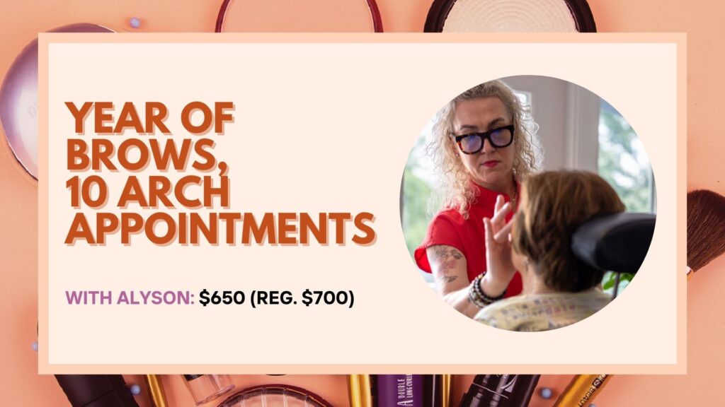 Graphic promoting Authentic Beauty’s Black Friday special: “Year of Brows, 10 Arch Appointments.” Includes pricing for Alyson Hoag at $650 (regularly $700) and features a photo of Alyson Hoag shaping a client’s brows.