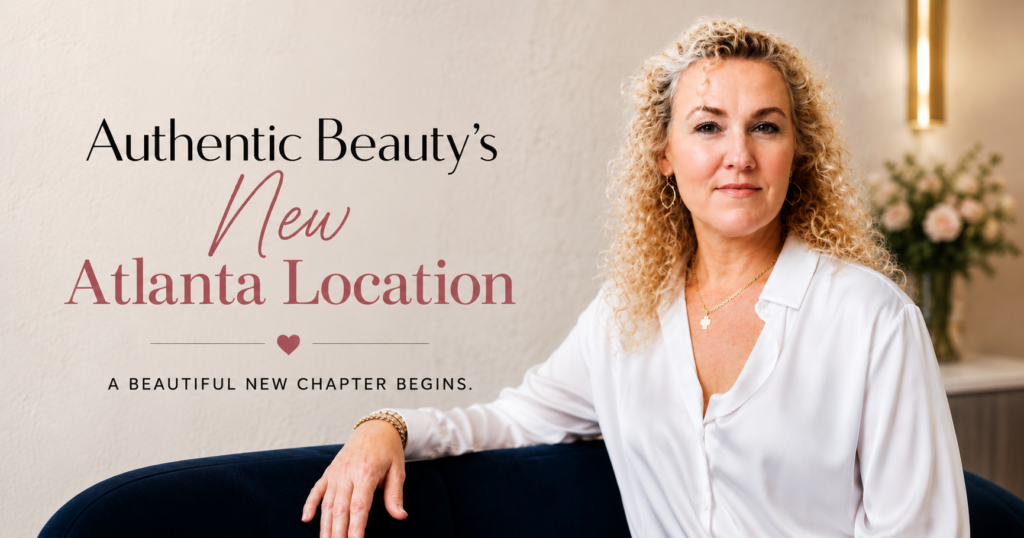 Featured blog image for Authentic Beauty’s new Atlanta location announcement featuring award-winning Atlanta makeup artist and brow expert Alyson Hoag inside a beauty studio.