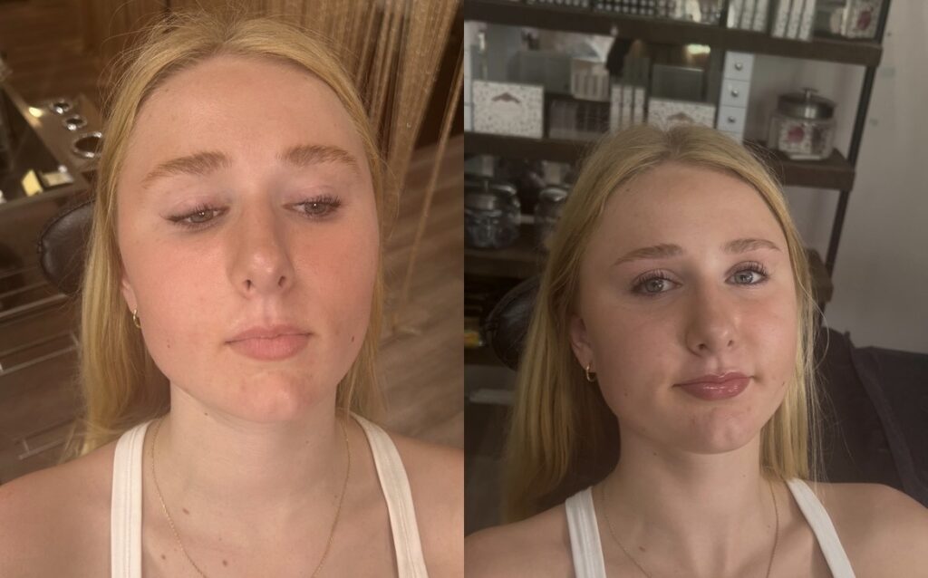 Before and after photo showing professional brow shaping and grooming by Anya Pinkney at Authentic Beauty Makeup Salon & Brow Studio in Atlanta, highlighting clean lines and defined arches.