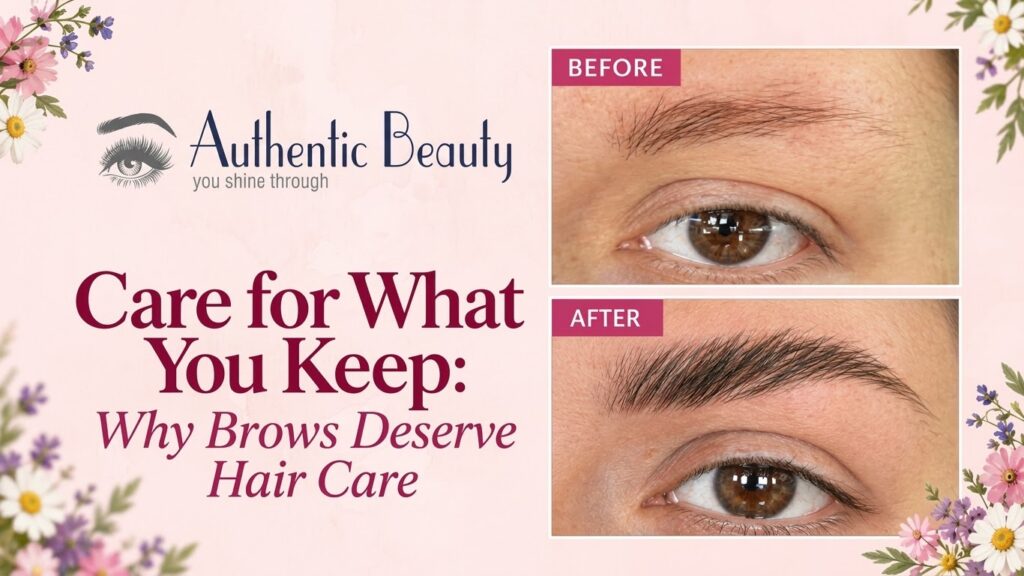 Care for What You Keep: Why Brows Deserve Hair Care blog featured image featuring Authentic Beauty logo and before-and-after eyebrow transformation